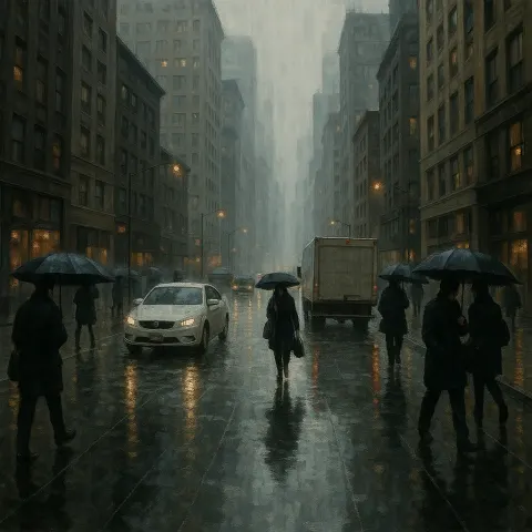 Rainy Urban Street Lined with Tall Buildings
