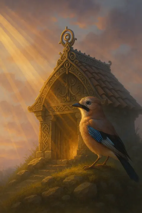 Jay Perches Beside a Tile-roofed Barrow Detailed with Metalwork