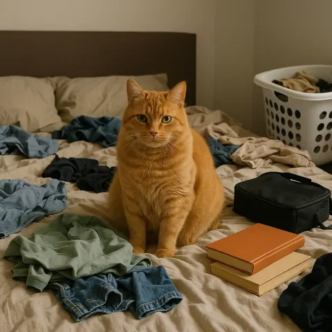 Orange Cat Sitting on a Bed Surrounded by Scattered Clothing