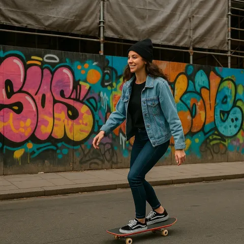 Woman Rides a Skateboard on a Street in Front