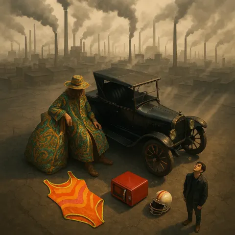 Centered Against a Backdrop of Gritty Factories with Billowing Smokestacks