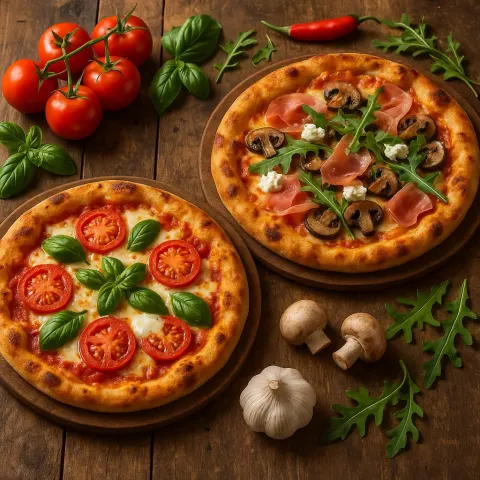 Two Artisanal Pizzas Placed on a Weathered Wooden Table