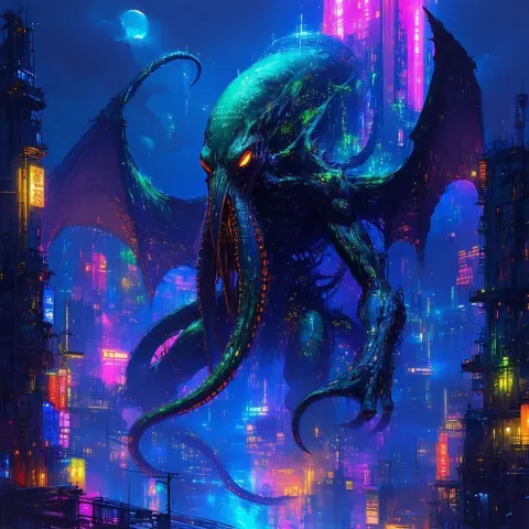 Hyper Detailed Cthulhu in Neon Futurescape