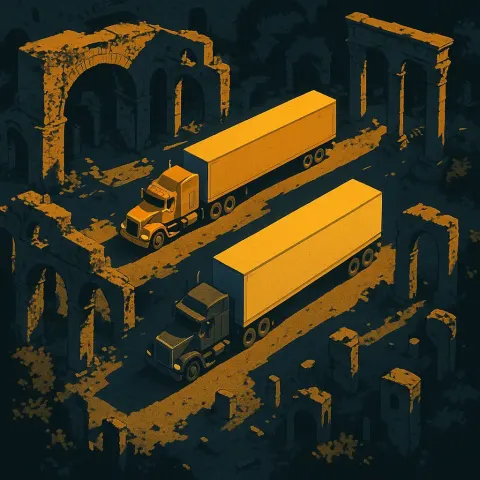 Two Varied Trailer Trucks Create a Golden-hour Rim-lit Pattern