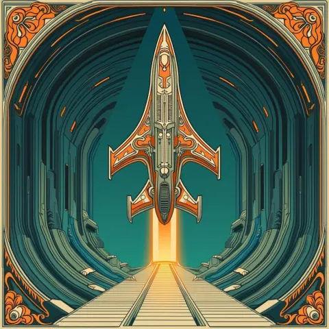Art Nouveau Starship Docked in Teal and Orange