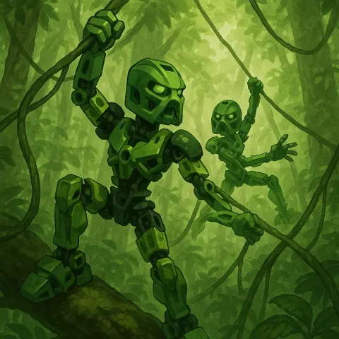 Green Bionicle Character Climbs Through a Dense Forest