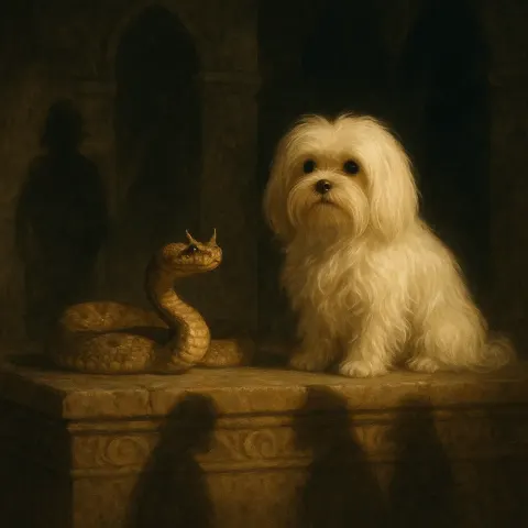 Maltese Dog and Horned Viper on a Mysterious Altar
