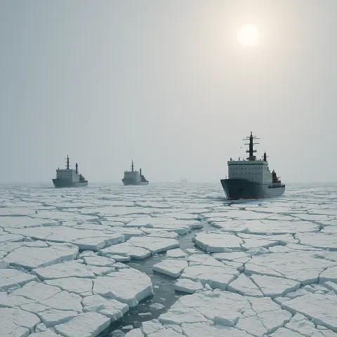 Few Distant Icebreaker Ships Carefully Navigate Through a Massive