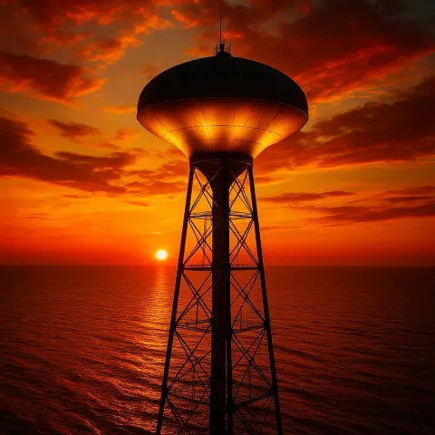 Dramatically Uplit Mushroom-top Water Tower