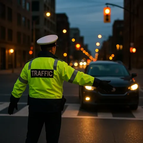 Traffic Officer Wearing a High-visibility Jacket Directs a Car