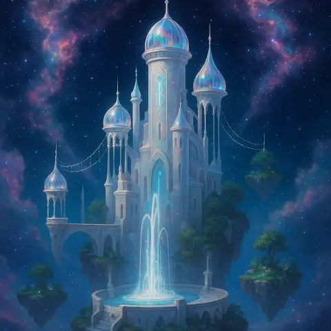 Picture a Majestic Floating Castle Suspended Amidst Luminous Nebula Clouds