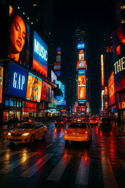 Vibrant Nighttime City Street Scene with Brightly Lit Billboards