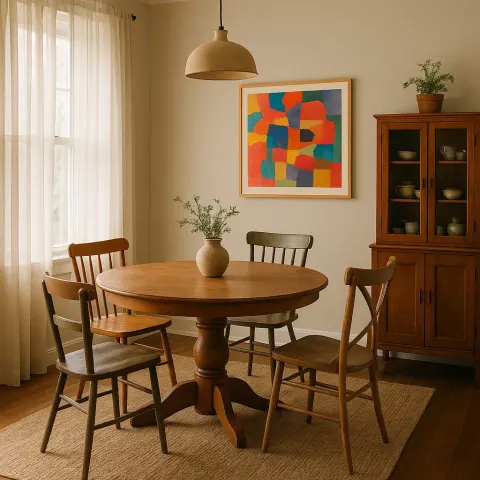 Cozy Dining Room with a Round Wooden Table