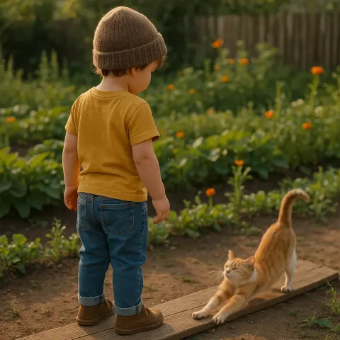 Child Stands on a Wooden Plank Outdoors near a Garden