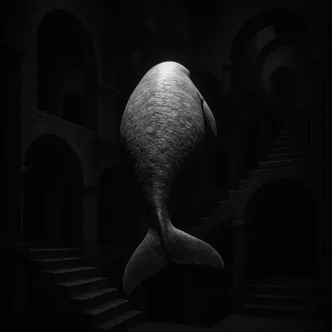 Dugong's Textured Rear Form Is Starkly Top-lit Within a Shadowy