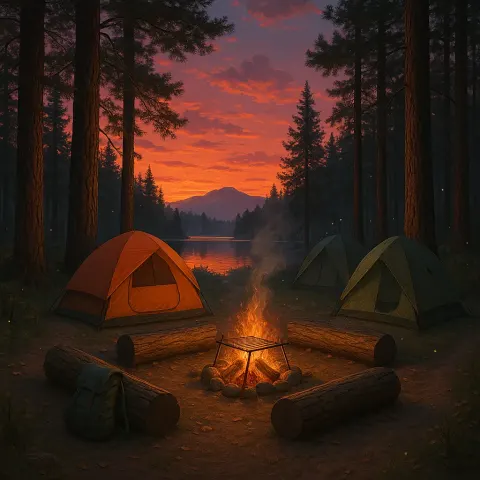 Draft a Vivid Camping Scene in a Forest at Dusk