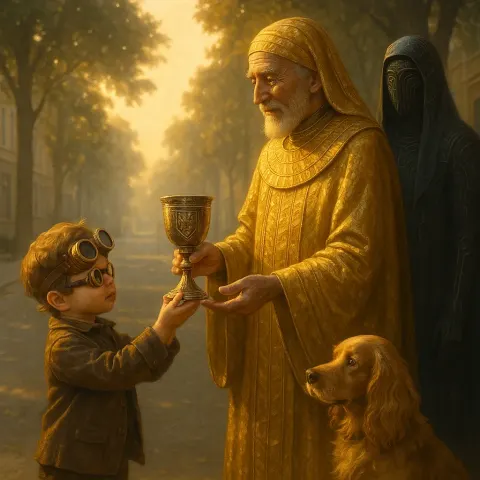 Steampunk-goggled Toddler Offers a Heraldic Goblet to an Elder