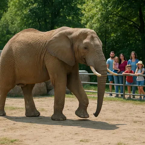 Elephant Walking in a Zoo Enclosure