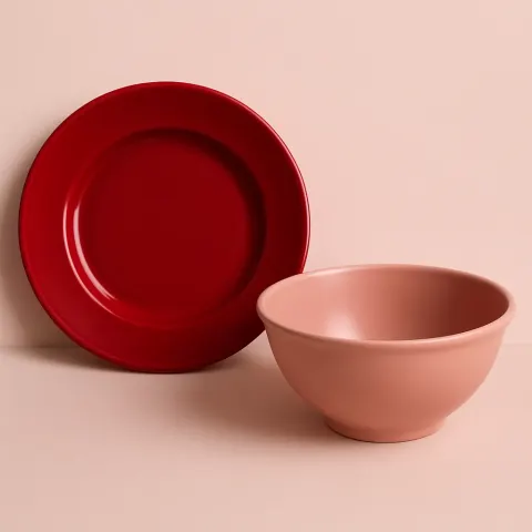Rose-hued Basin Alongside a Dish in a Deep Crimson Shade