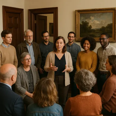 Gathering of People in a Room with Wooden Doors