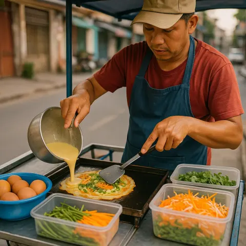 Street Food Vendor Is Preparing Food on a Mobile Cart