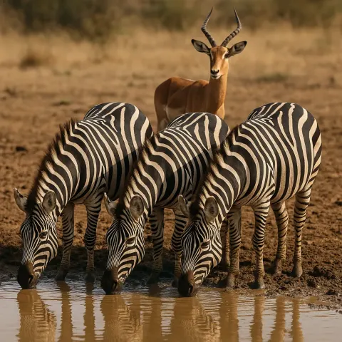 Three Zebras Drinking from a Muddy Waterhole