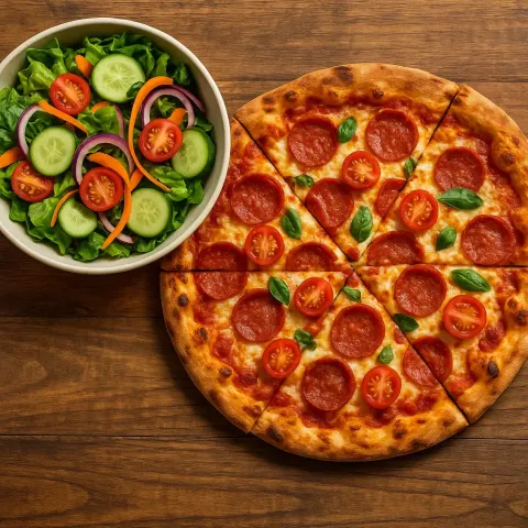 Wooden Table with a Sliced Pizza