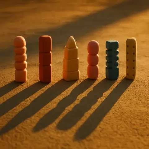Sacred Vertical Totems of Diverse Rubber Erasers Cast Long Shadows
