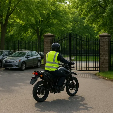 Motorcyclist Wearing a High-visibility Vest Rides near a Gated Entrance