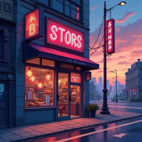 Neon Storefront in a Twilight Future City