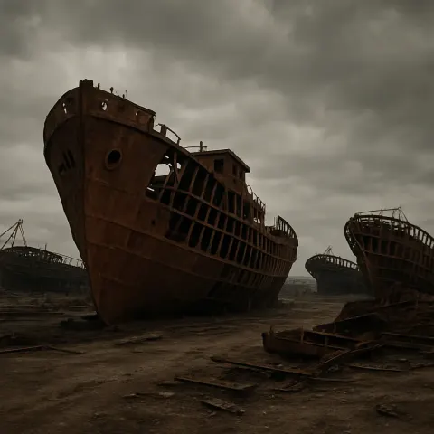 Few Rusted Ship Hulks Lie Abandoned in a Vast