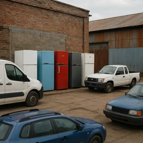 Realistic Setting Showcasing Five Refrigerators Alongside Four Vehicles
