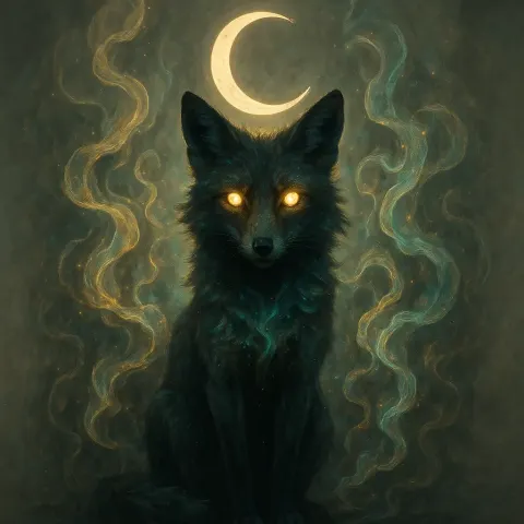 Mystical Fox Rests Amidst Swirling Tendrils of Shimmering Smoke