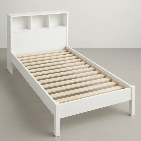 White Twin Bed Frame with a Built-in Bookcase Headboard