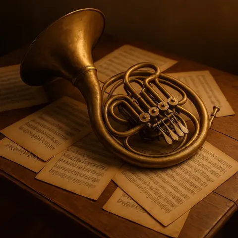 Classic Brass French Horn Placed on a Wooden Tabletop