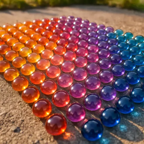 Carefully Organized Grid of Shiny Glass Marbles Decorates the Ground