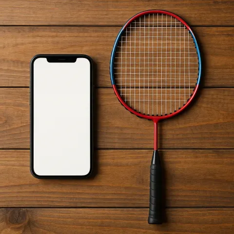 Wooden Surface with a Badminton Racket Positioned on the Right