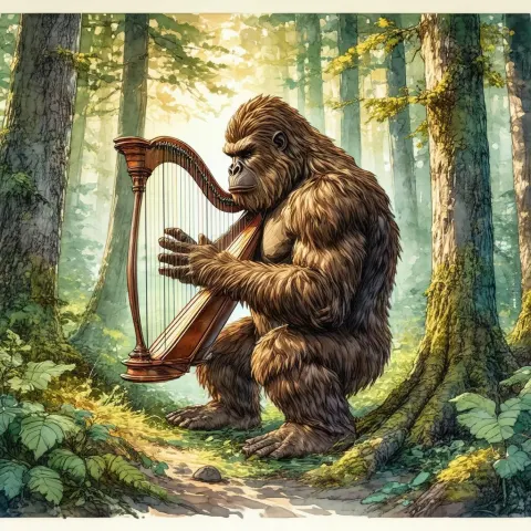 Bigfoot Playing Harp in Enchanted Forest