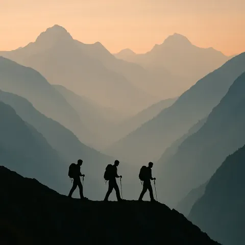 Few Lone Figures Hike Along a Narrow Ridge