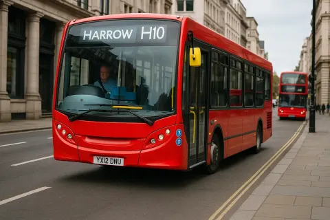 Red London Bus with "Harrow H10" Displayed on its Sign