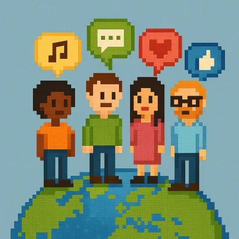 Pixelated Diverse People Standing on a Globe