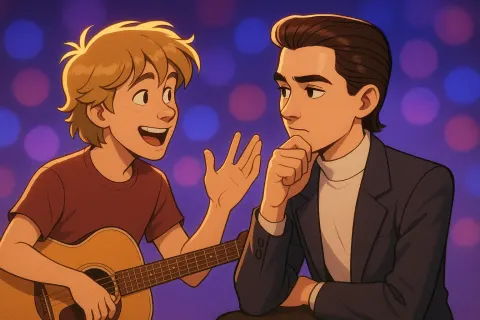Sandy-blonde Teenage Fantasy Musician Animatedly Gestures to a Slicked-back-haired Teenage