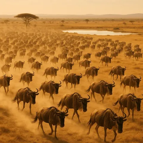 Vast Herd of Wildebeest Kicks Up Dust as They Thunder
