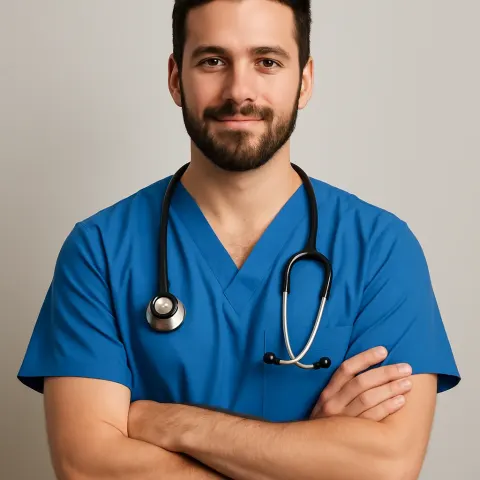 Male Healthcare Professional in Blue Scrubs with a Stethoscope