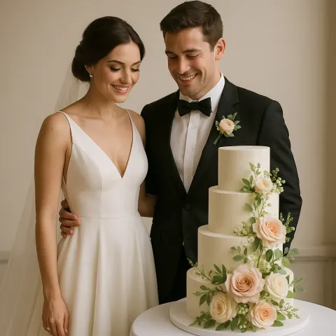 Bride and Groom in Formal Attire Stand Beside a Tiered