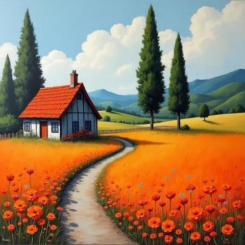 Spray Painted Cottage Amid Orange Flowers
