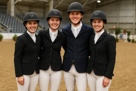 Equestrian Team Wearing Riding Attire Poses Together at an Indoor