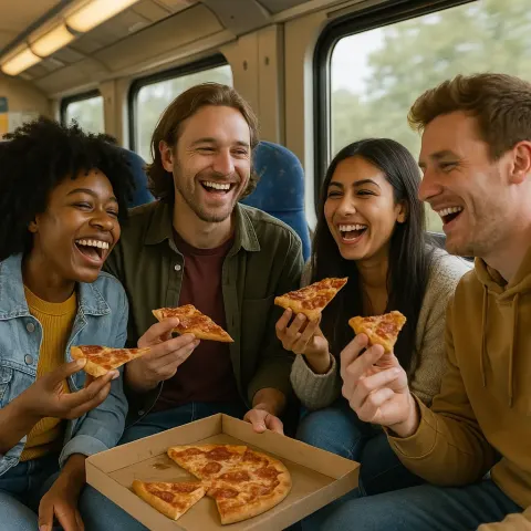 Group of Pals Are Traveling Together by Train