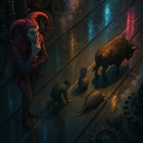 Contemplating Jester Orchestrates a Bizarre Procession of a Low-crouching Everyman