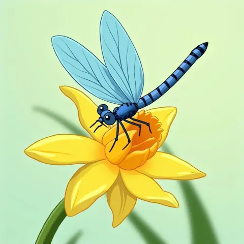 Blue Dragonfly Resting on a Daffodil